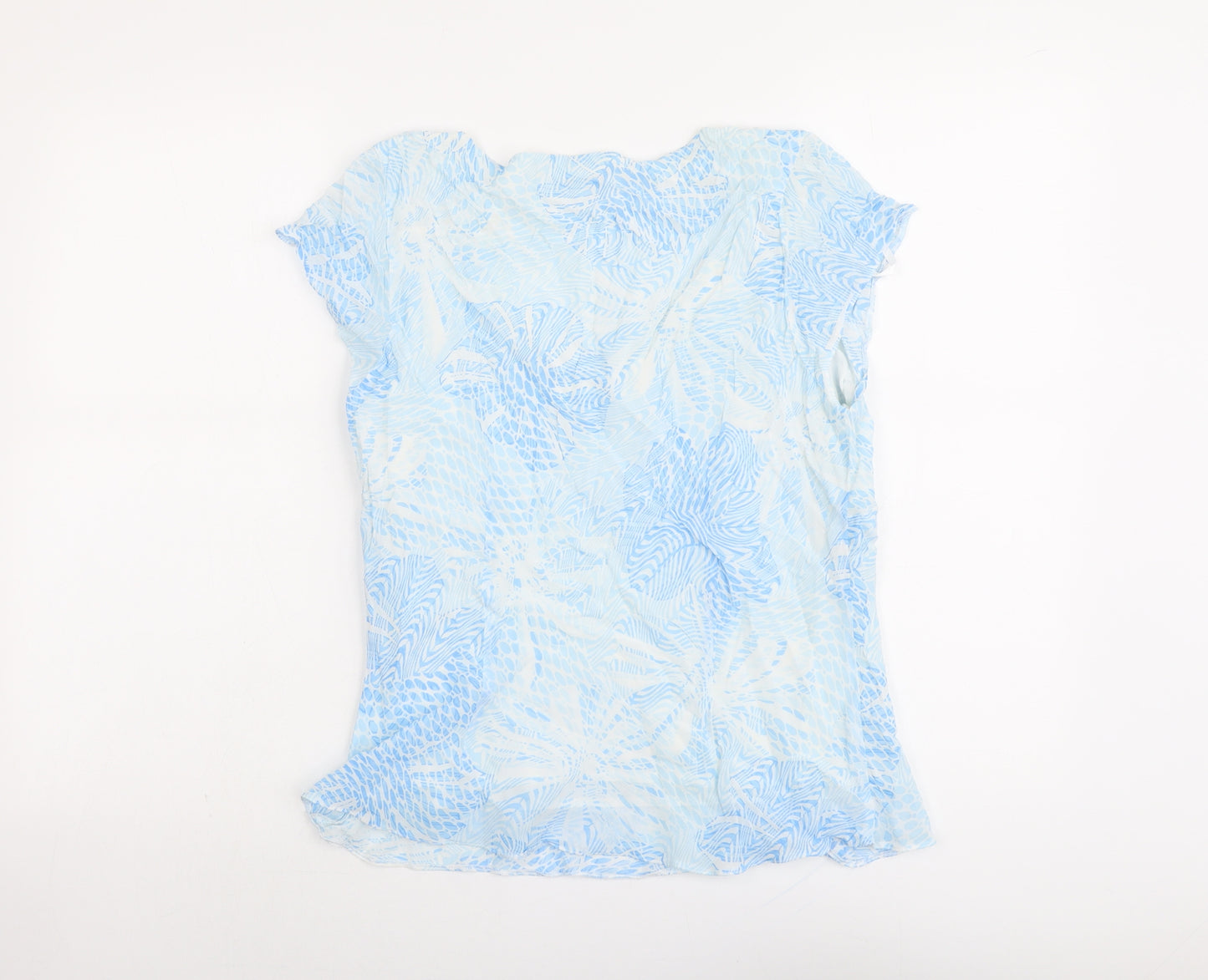M&Co Womens Blue Geometric Viscose Basic T-Shirt Size 14 V-Neck