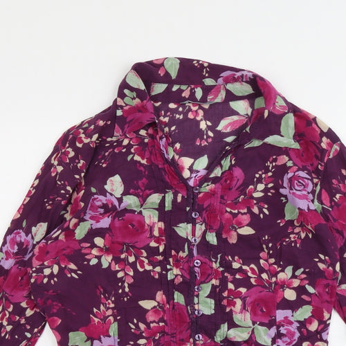 Marks and Spencer Womens Purple Floral Cotton Basic Button-Up Size 18 Collared
