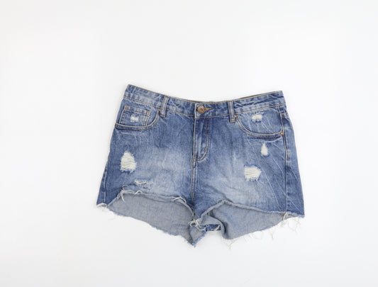 New Look Womens Blue Cotton Hot Pants Shorts Size 10 L3 in Regular Button - Distressed
