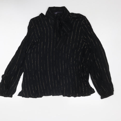 Marks and Spencer Womens Black Striped Viscose Basic Blouse Size 16 Round Neck - Tie Neck