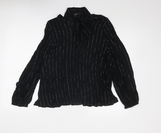 Marks and Spencer Womens Black Striped Viscose Basic Blouse Size 16 Round Neck - Tie Neck