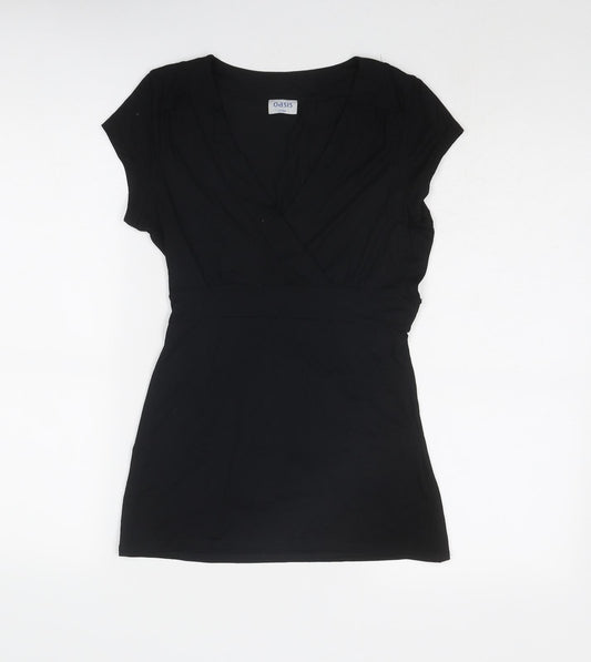 Oasis Womens Black Viscose Basic T-Shirt Size 8 V-Neck - Wrap Style