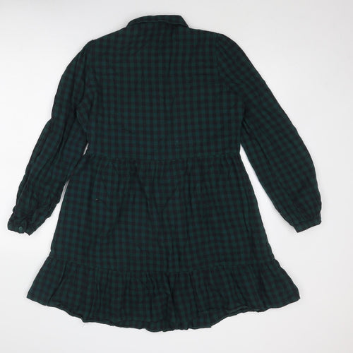 New Look Womens Green Check Cotton Shirt Dress Size 14 Collared Button