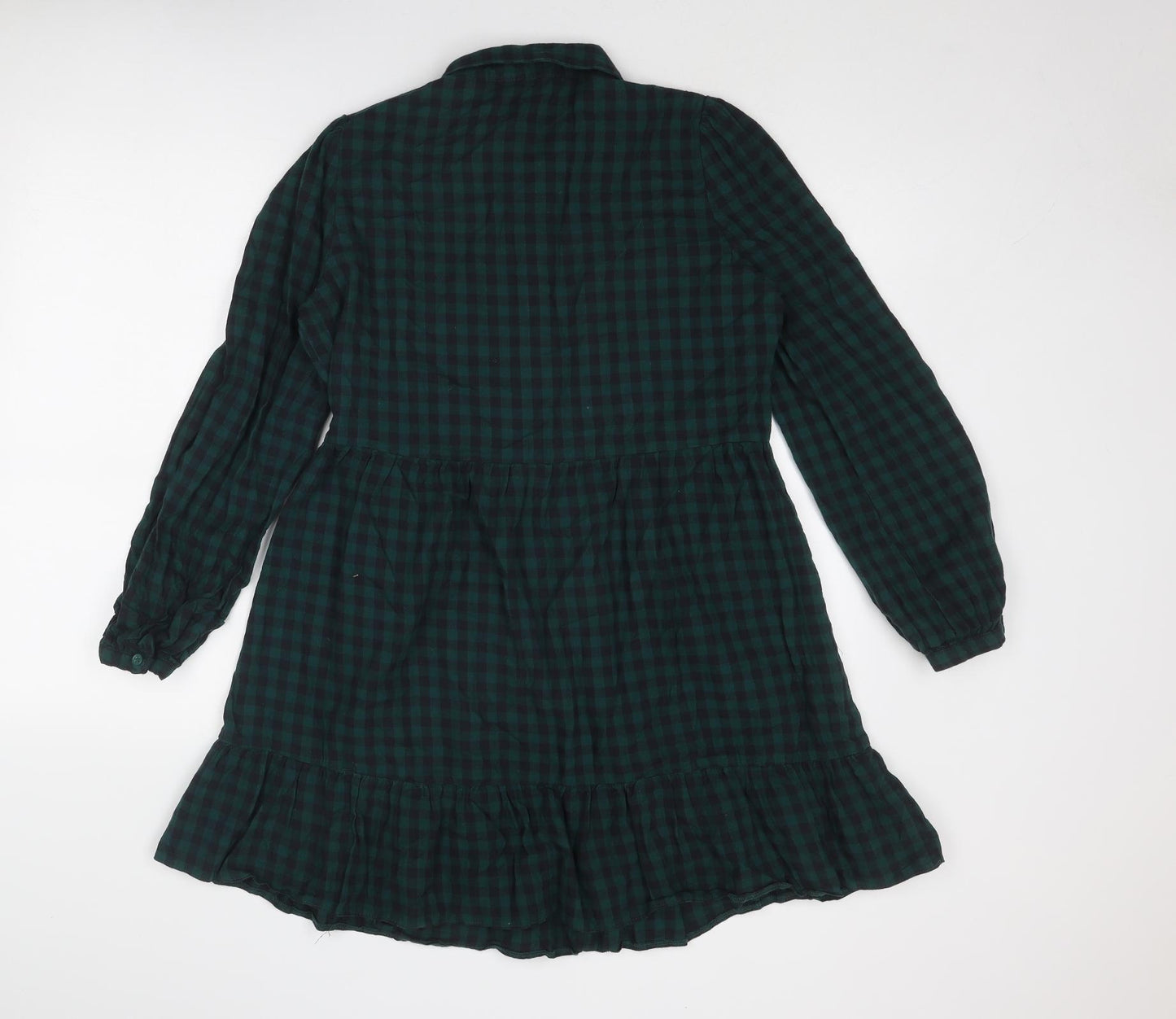 New Look Womens Green Check Cotton Shirt Dress Size 14 Collared Button