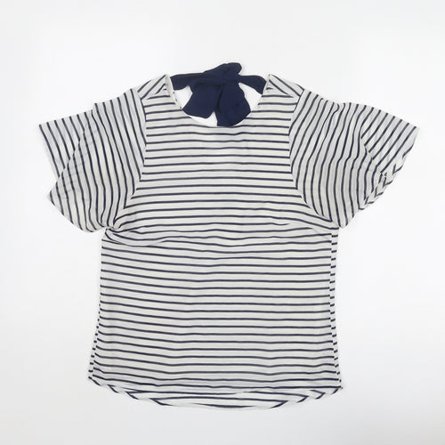 H&M Womens White Striped Polyester Basic T-Shirt Size 6 Round Neck