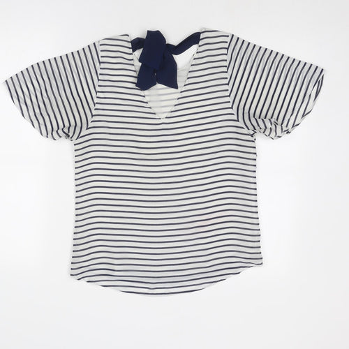 H&M Womens White Striped Polyester Basic T-Shirt Size 6 Round Neck
