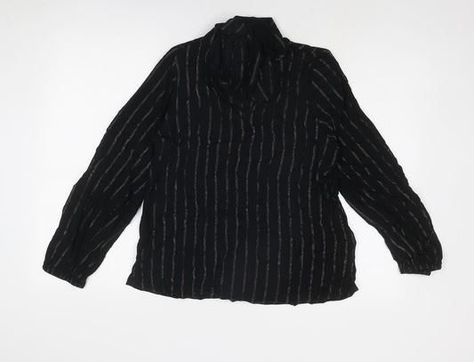 Marks and Spencer Womens Black Striped Viscose Basic Blouse Size 10 V-Neck - Tie Neck