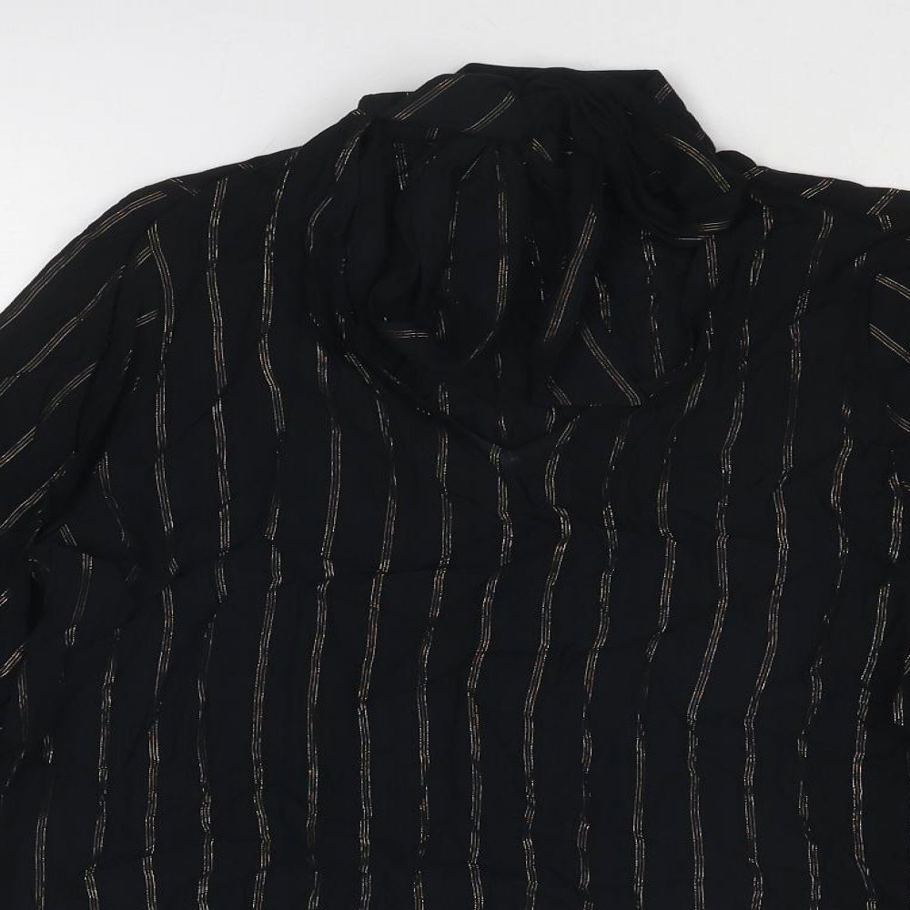 Marks and Spencer Womens Black Striped Viscose Basic Blouse Size 10 V-Neck - Tie Neck
