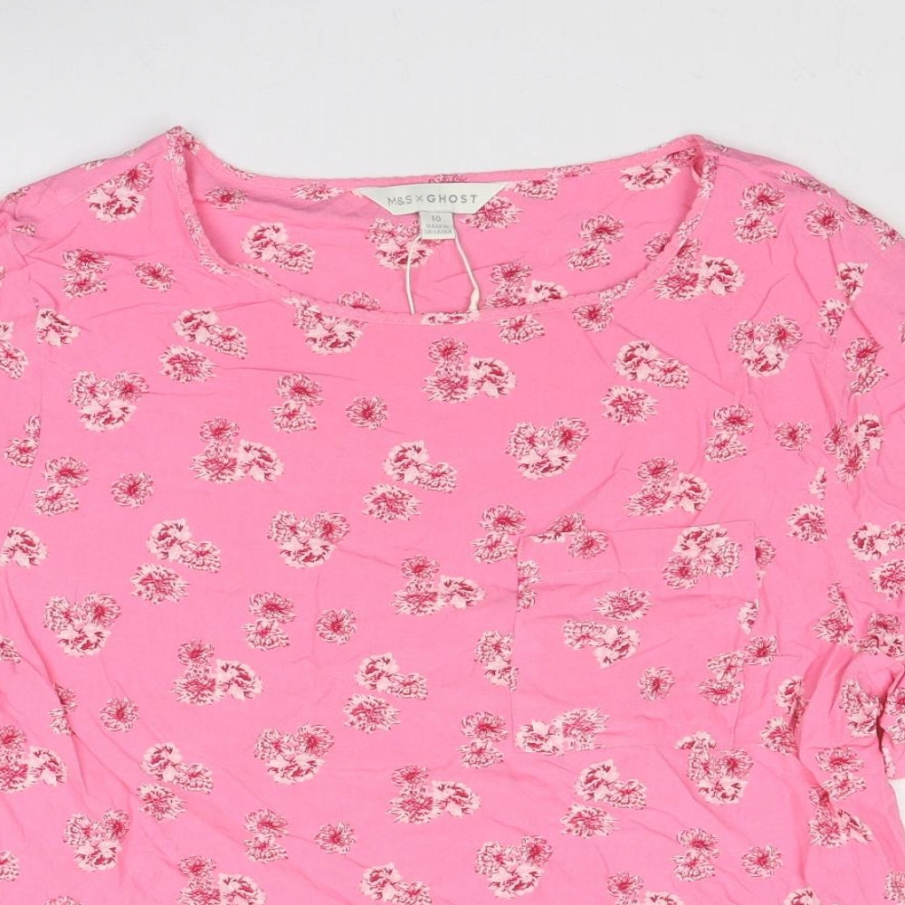 Marks and Spencer Womens Pink Floral Viscose Basic Blouse Size 10 Boat Neck