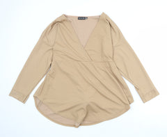 PRETTYLITTLETHING Womens Beige Polyester Basic Blouse Size 20 V-Neck - Wrap Front Detail