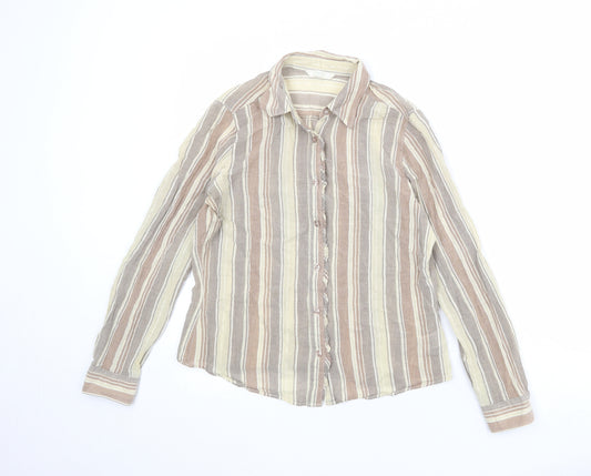 Marks and Spencer Womens Multicoloured Striped Cotton Basic Button-Up Size 10 Collared
