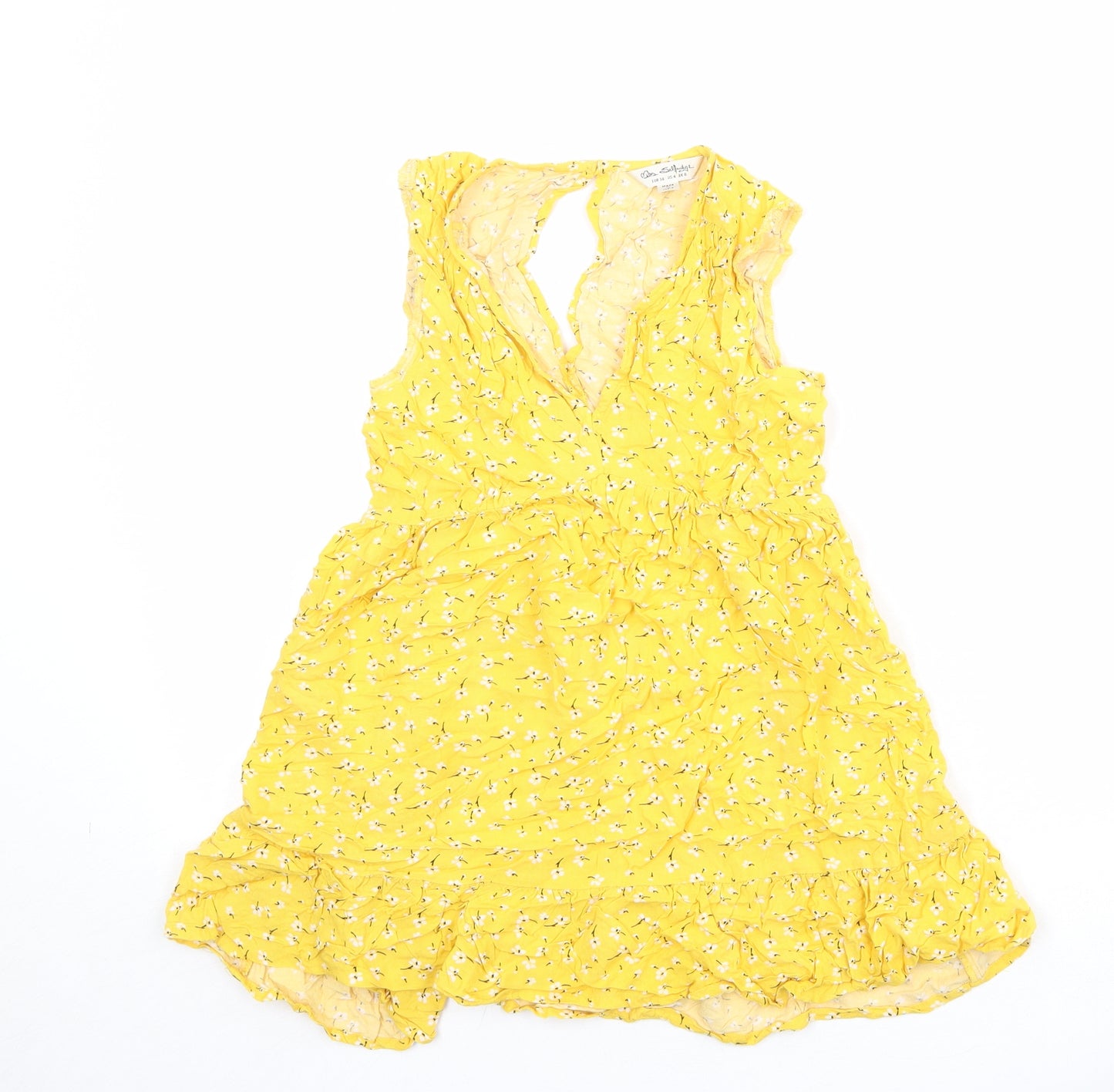 Miss Selfridge Womens Yellow Floral Viscose Basic Blouse Size 8 V-Neck