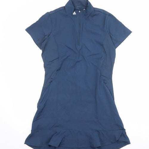 adidas Womens Blue Polyester Bodycon Size S High Neck Zip - Activewear Logo Frill Back Pocket