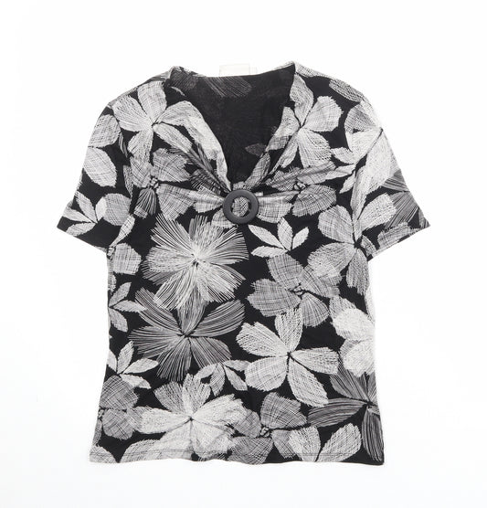 CC Womens Black Floral Viscose Basic T-Shirt Size M V-Neck