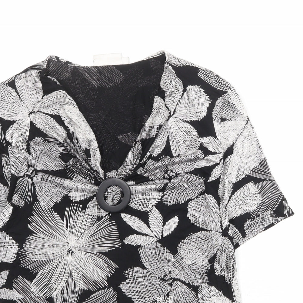 CC Womens Black Floral Viscose Basic T-Shirt Size M V-Neck
