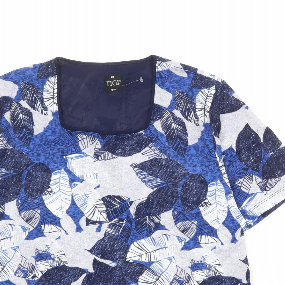 TIGI Womens Blue Geometric Polyester Basic T-Shirt Size 18 Square Neck - Leaf Print Size 18/20