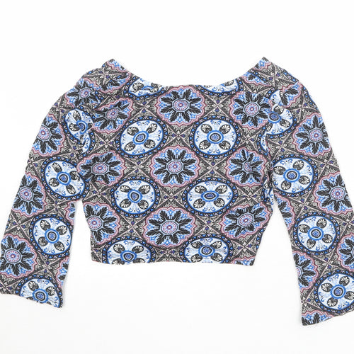 Miss Selfridge Womens Multicoloured Geometric Viscose Cropped T-Shirt Size 8 V-Neck
