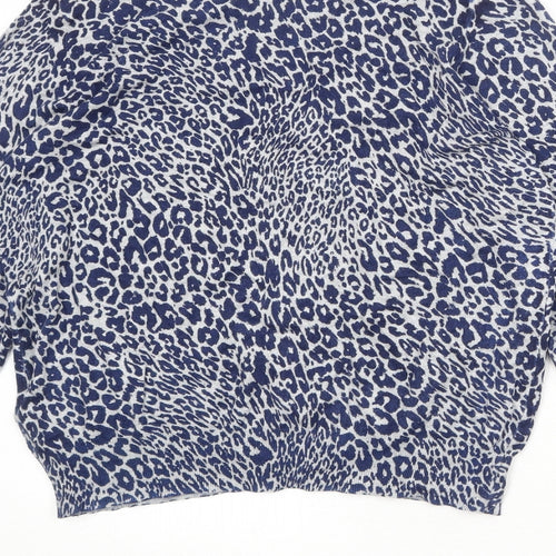Marks and Spencer Womens Blue Round Neck Animal Print Viscose Cardigan Jumper Size 16 - Leopard Pattern