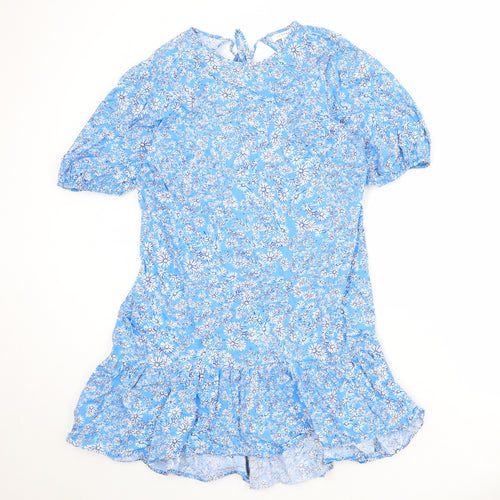 Topshop Womens Blue Floral 100% Cotton Skater Dress Size 14 Round Neck Tie