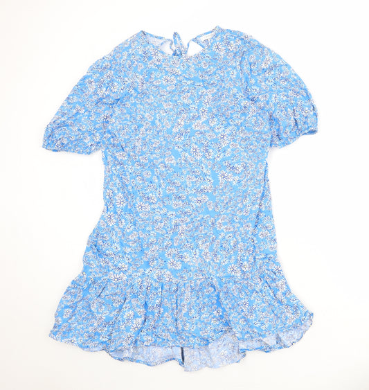 Topshop Womens Blue Floral 100% Cotton Skater Dress Size 14 Round Neck Tie