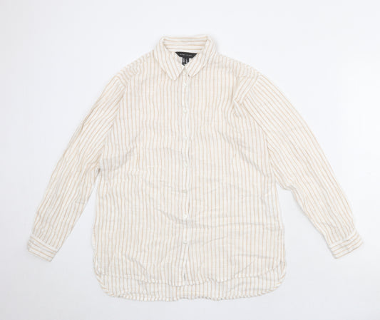New Look Womens Beige Striped 100% Cotton Basic Button-Up Size 8 Collared