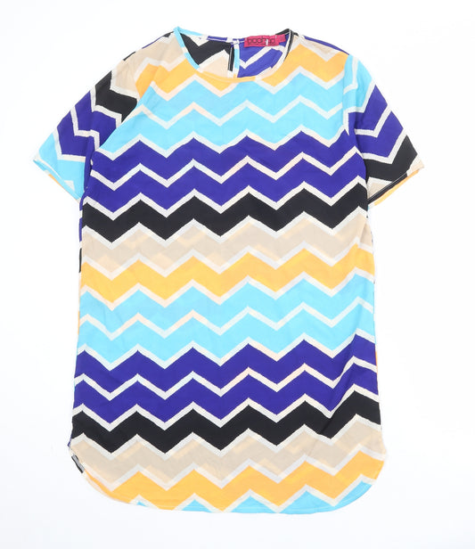 Boohoo Womens Multicoloured Geometric Polyester A-Line Size 14 Round Neck Button