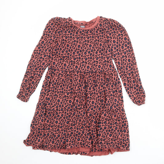 NEXT Girls Pink Animal Print 100% Cotton T-Shirt Dress Size 11 Years Round Neck Pullover - Leopard Print