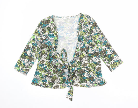 Topshop Womens Multicoloured Floral Viscose Basic Blouse Size 10 V-Neck - Tie Front