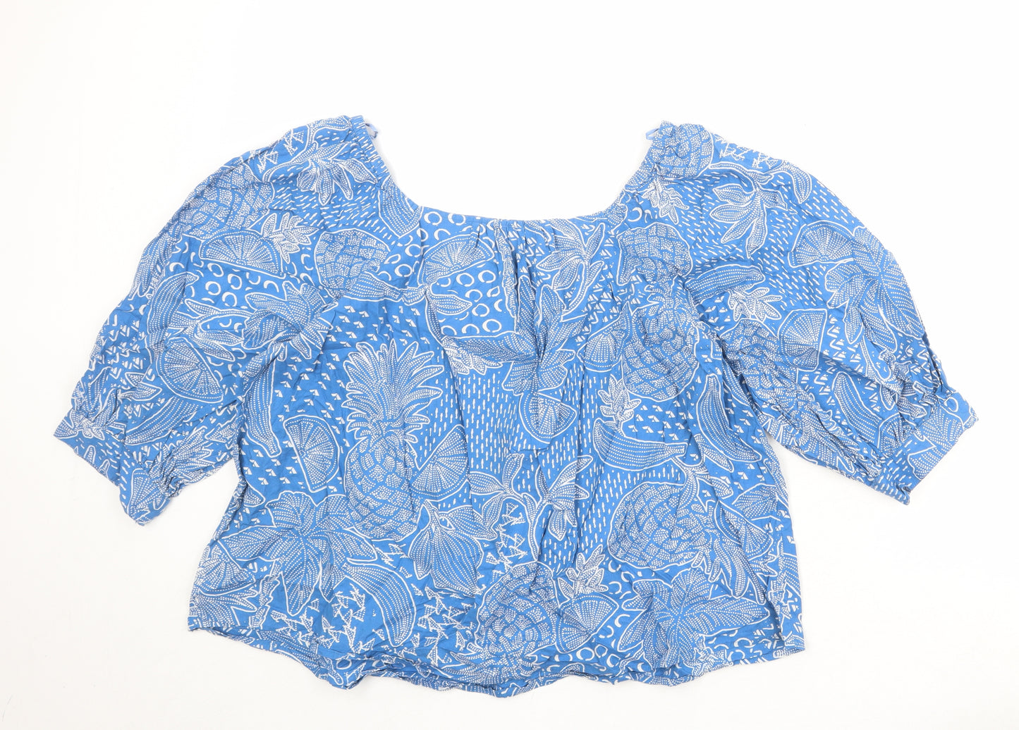 NEXT Womens Blue Geometric 100% Cotton Basic Blouse Size 16 Boat Neck