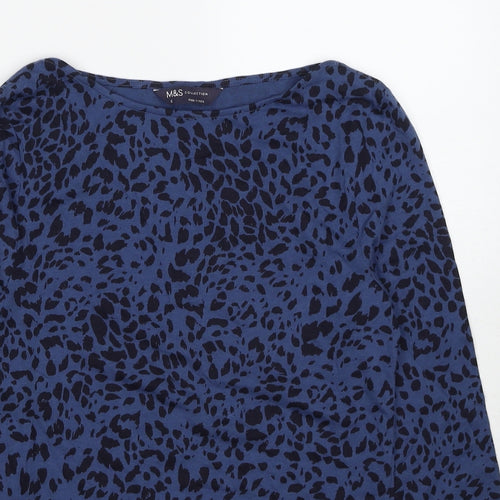 Marks and Spencer Womens Blue Animal Print Cotton Basic T-Shirt Size 8 Boat Neck