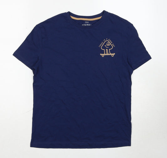 Marks and Spencer Boys Blue Cotton Basic T-Shirt Size 11-12 Years Round Neck Pullover - Today Is A Good Day