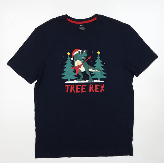 Marks and Spencer Mens Blue Cotton T-Shirt Size M Round Neck - Christmas Tree Rex