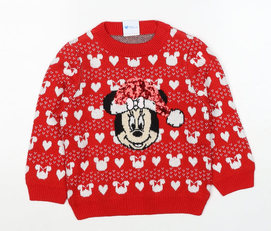 Disney Girls Red Round Neck Geometric Acrylic Pullover Jumper Size 3 Years Pullover - Christmas Minnie Mouse