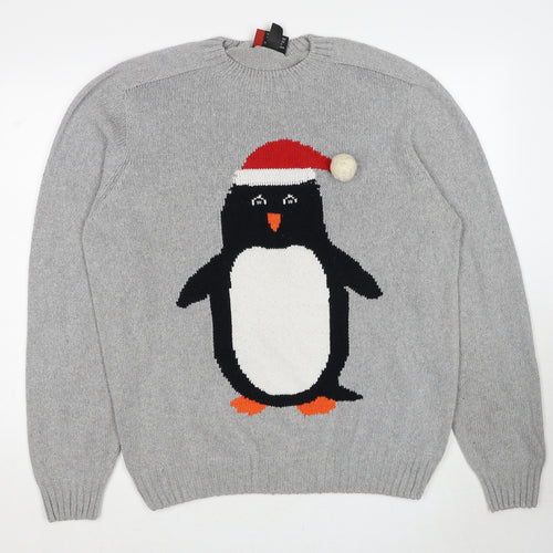 The Sweater Shop Mens Grey Round Neck Cotton Pullover Jumper Size L Long Sleeve - Penguin Christmas