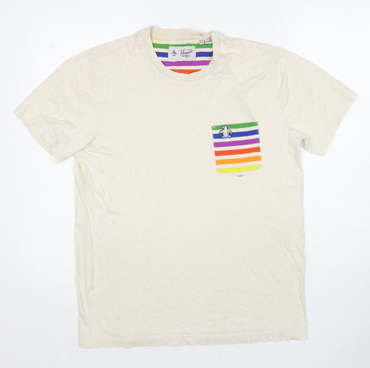 Original Penguin Womens Beige Polyester Basic T-Shirt Size M Round Neck - Rainbow