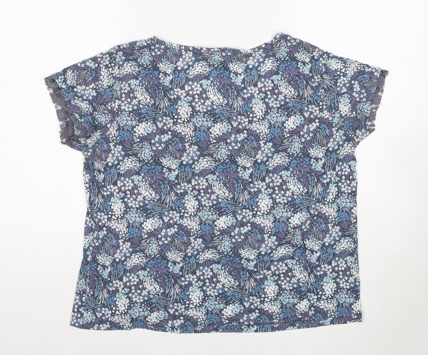 RJR.John Rocha Womens Blue Floral Cotton Basic T-Shirt Size 14 Scoop Neck