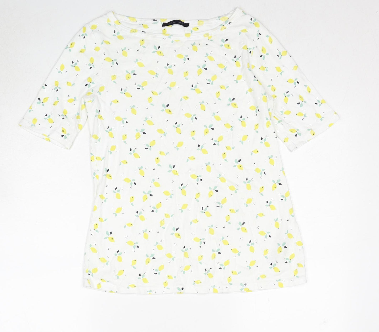 Marks and Spencer Womens White Geometric Cotton Basic T-Shirt Size 14 Boat Neck - Lemon Print