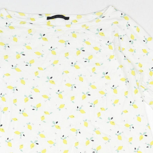 Marks and Spencer Womens White Geometric Cotton Basic T-Shirt Size 14 Boat Neck - Lemon Print
