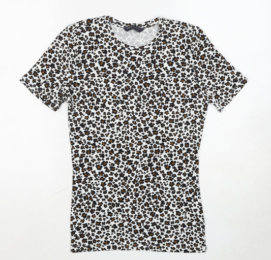 Marks and Spencer Womens Multicoloured Animal Print Cotton Basic T-Shirt Size 6 Crew Neck