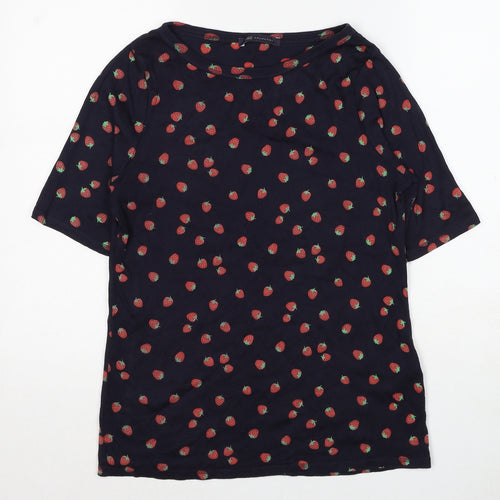 Marks and Spencer Womens Blue Geometric Cotton Basic T-Shirt Size 14 Boat Neck - Strawberry Print