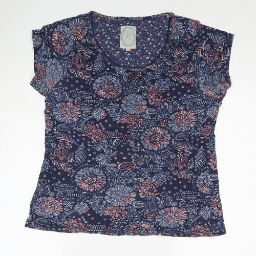 Debenhams Womens Blue Floral Cotton Basic T-Shirt Size 14 Scoop Neck