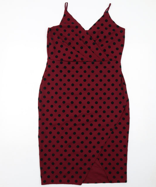 New Look Womens Red Polka Dot Polyester Pencil Dress Size 16 V-Neck Pullover