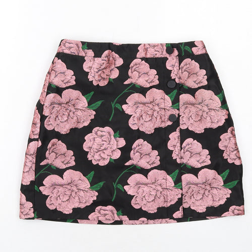 Miss Selfridge Womens Black Floral Polyester A-Line Skirt Size 6 Zip