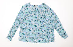 M&Co Womens Blue Floral Viscose Basic Blouse Size 14 V-Neck