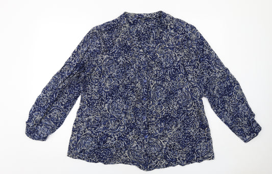EWM Womens Blue Floral Cotton Basic Button-Up Size 18 V-Neck