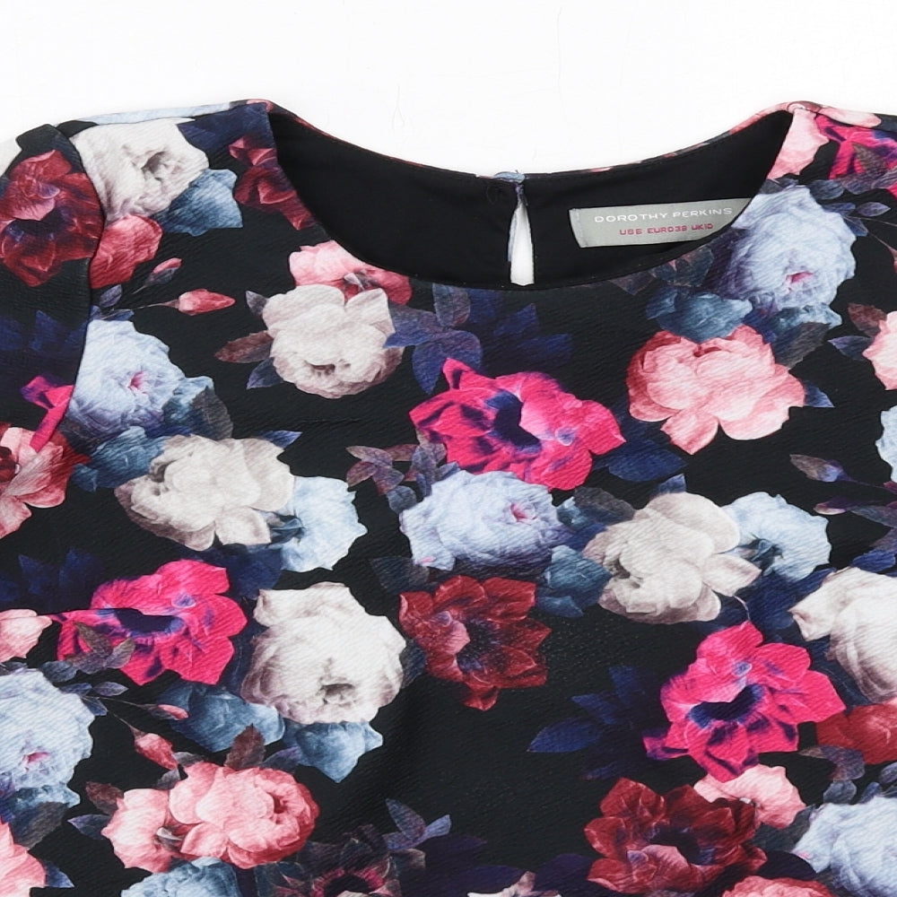 Dorothy Perkins Womens Black Floral Polyester Basic T-Shirt Size 10 Round Neck