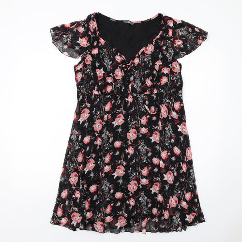 BHS Womens Black Floral Polyester A-Line Size 16 V-Neck Pullover