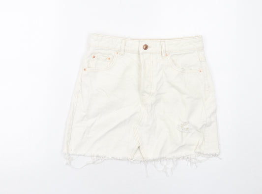 Bershka Womens Ivory Cotton A-Line Skirt Size 8 Button
