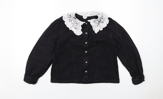 River Island Girls Black Cotton Basic Button-Up Size 11-12 Years Collared Button - Lace Details