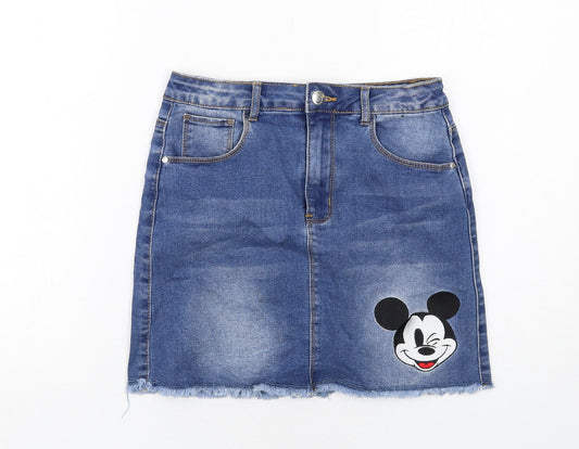 Disney Girls Blue Cotton A-Line Skirt Size 11-12 Years Regular Zip - Mickey Mouse